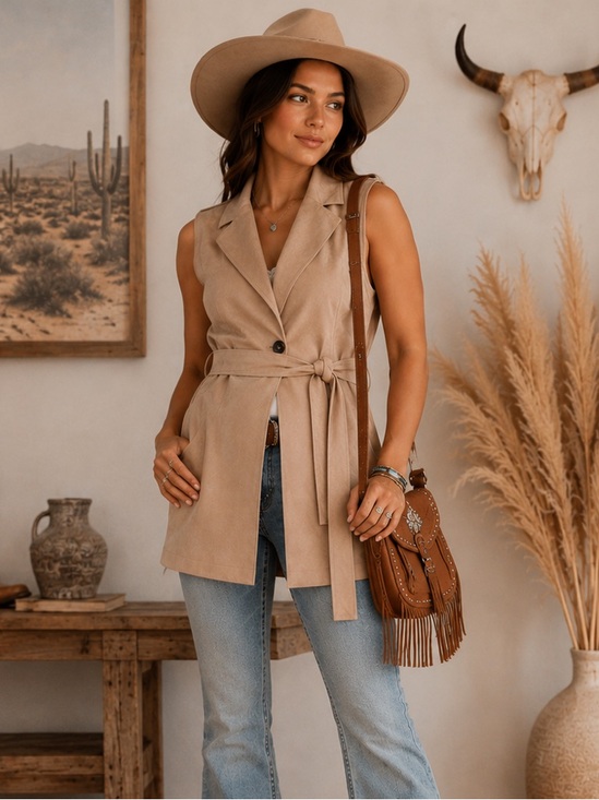 Truth by Republic Faux Suede Belted Longline Vest Tan Boho Western Duster Size S main image 4